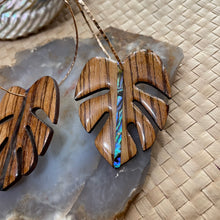 Load image into Gallery viewer, Monstera hoops (zebra wood/abalone)
