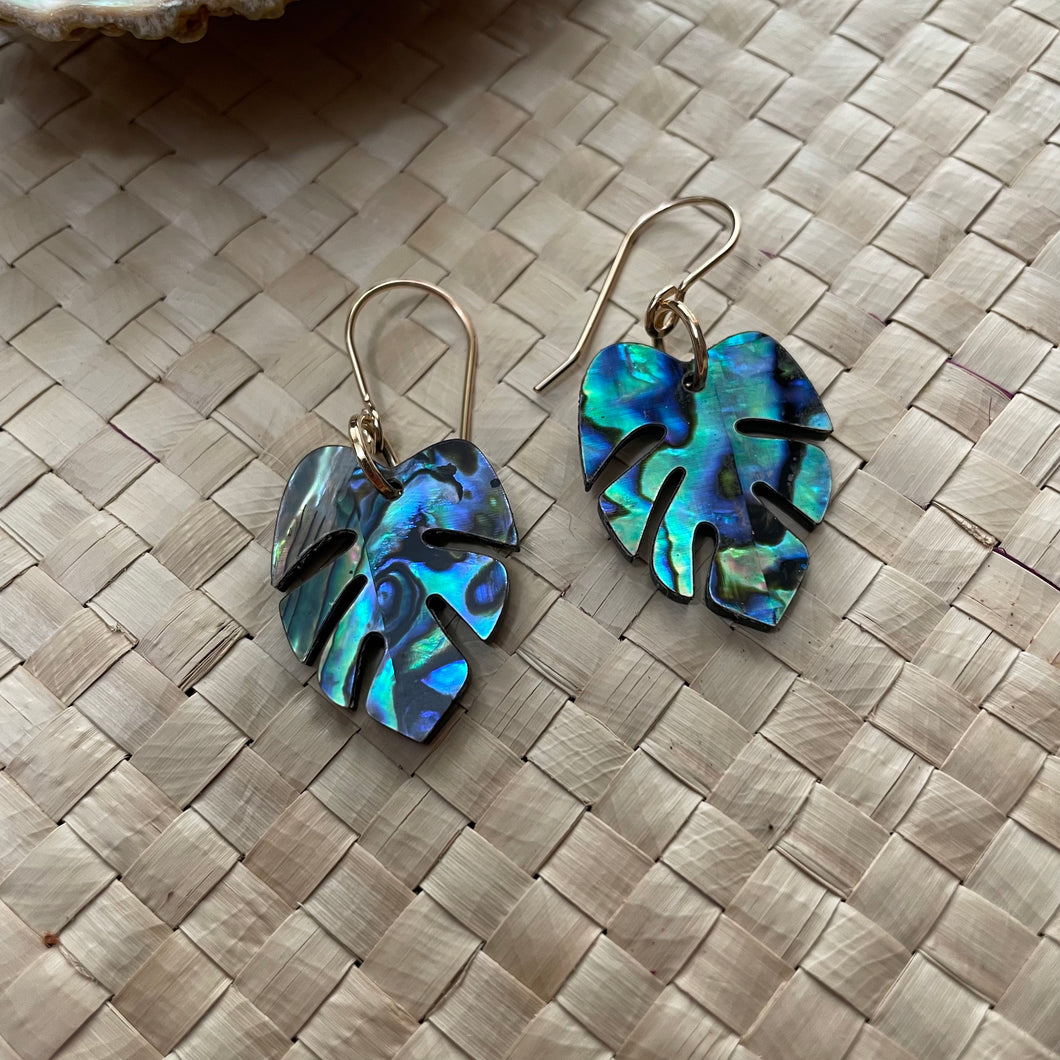small monstera earrings (blue abalone)