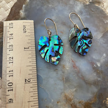 Load image into Gallery viewer, small monstera earrings (blue abalone)
