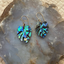 Load image into Gallery viewer, small monstera earrings (blue abalone)
