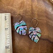 Load image into Gallery viewer, small monstera earrings (rainbow shell)
