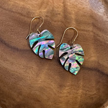 Load image into Gallery viewer, small monstera earrings (rainbow shell)
