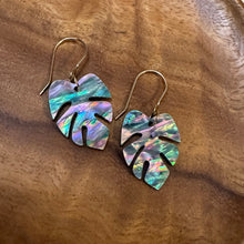 Load image into Gallery viewer, small monstera earrings (rainbow shell)
