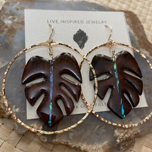 Load image into Gallery viewer, Monstera hoops (abalone/brown burl wood)
