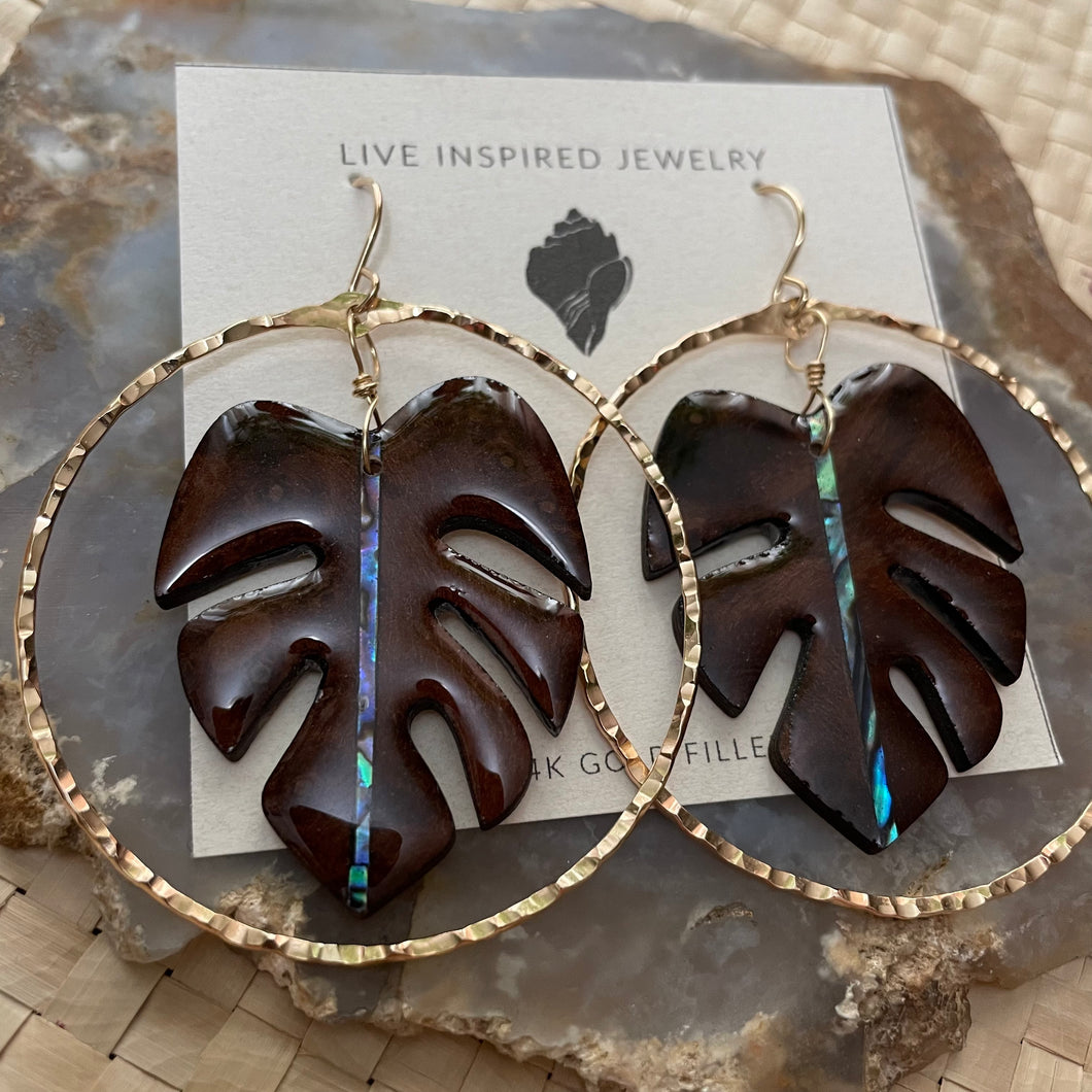 Monstera hoops (abalone/brown burl wood)