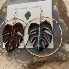 Load image into Gallery viewer, Monstera hoops (abalone/brown burl wood)
