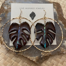 Load image into Gallery viewer, Monstera hoops (abalone/brown burl wood)
