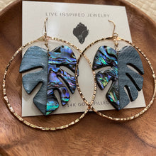 Load image into Gallery viewer, Monstera hoops (blue abalone/blue wood)
