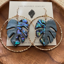 Load image into Gallery viewer, Monstera hoops (blue abalone/blue wood)
