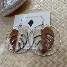 Load image into Gallery viewer, Monstera hoops (rainbow shell/ wood)
