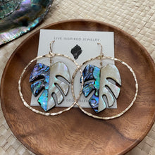 Load image into Gallery viewer, Monstera hoops (blue abalone/yellow MOP)
