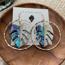 Load image into Gallery viewer, Monstera hoops (blue abalone/yellow MOP)
