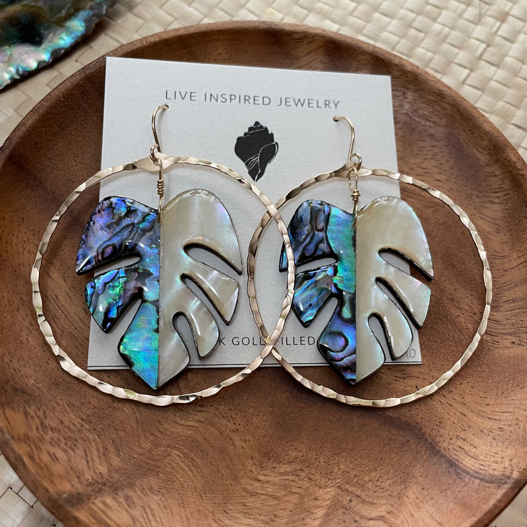 Monstera hoops (blue abalone/yellow MOP)