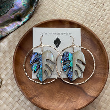 Load image into Gallery viewer, Monstera hoops (blue abalone/yellow MOP)
