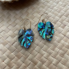 Load image into Gallery viewer, small monstera earrings (blue abalone)
