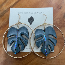 Load image into Gallery viewer, Monstera hoops (icy blue wood)
