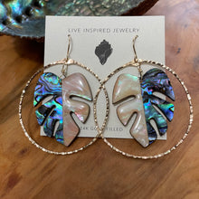 Load image into Gallery viewer, Monstera hoops (blue/white abalone)
